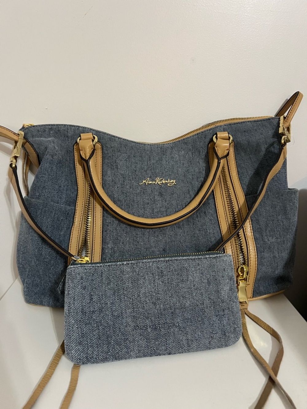 NWOT Aimee KESTENBERG Denim Shoulder Tote with Tan Trim & Pouch Bag - Picture 11 of 11